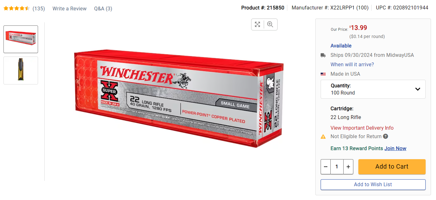 Winchester Super X 22 Long Rifle 40gr Power Point Rimfire Ammo 1000