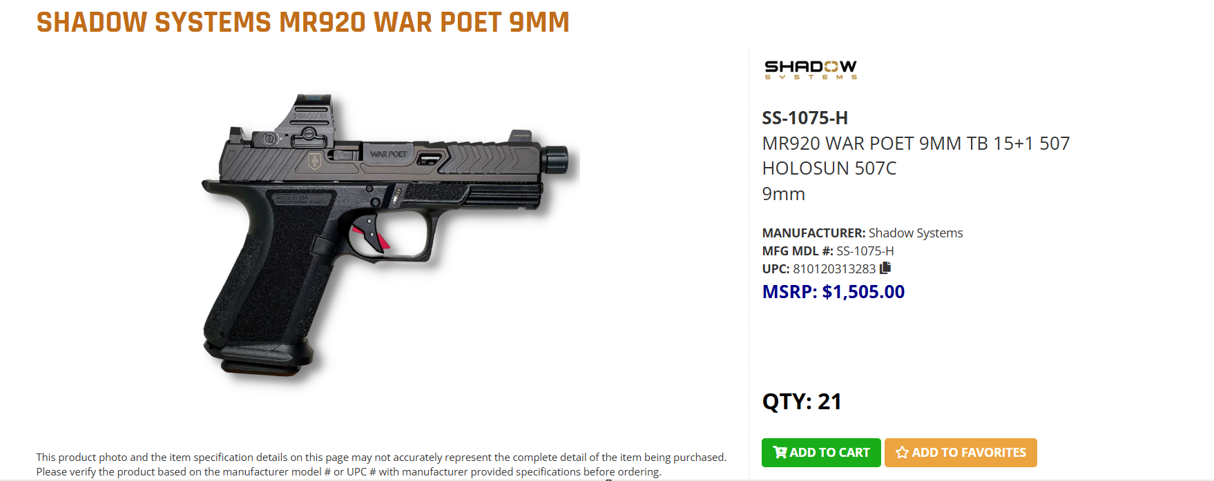 SHADOW SYSTEMS MR920 WAR POET 9MM TB 15+1 507 HOLOSUN 507C 9mm 3283 - Image 2