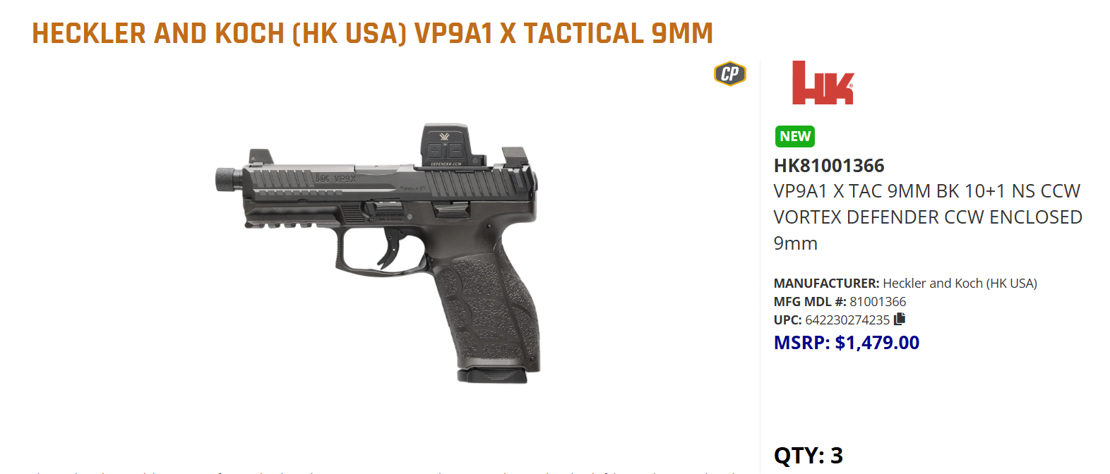 HK VP9A1 X TAC 9MM BK 10+1 NS CCW VORTEX DEFENDER CCW ENCLOSED 9mm 4235 - Image 2
