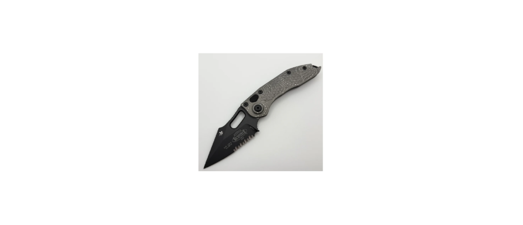 Microtech Borka Stitch Natural Clear Topographic Handle w/ Black Part Serrated M390 169-2NCTP