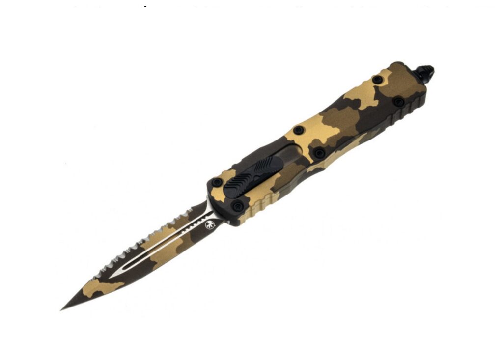 Microtech Dirac D/E – Gold Camo Handle – Gold Camo Blade – 225-3GCS-Z4